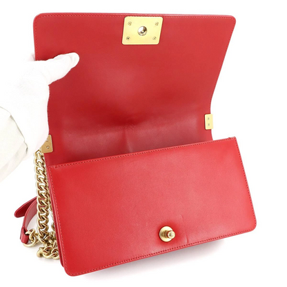 CHANEL BOY CHANEL Chain Shoulder Bag Leather Red Purse