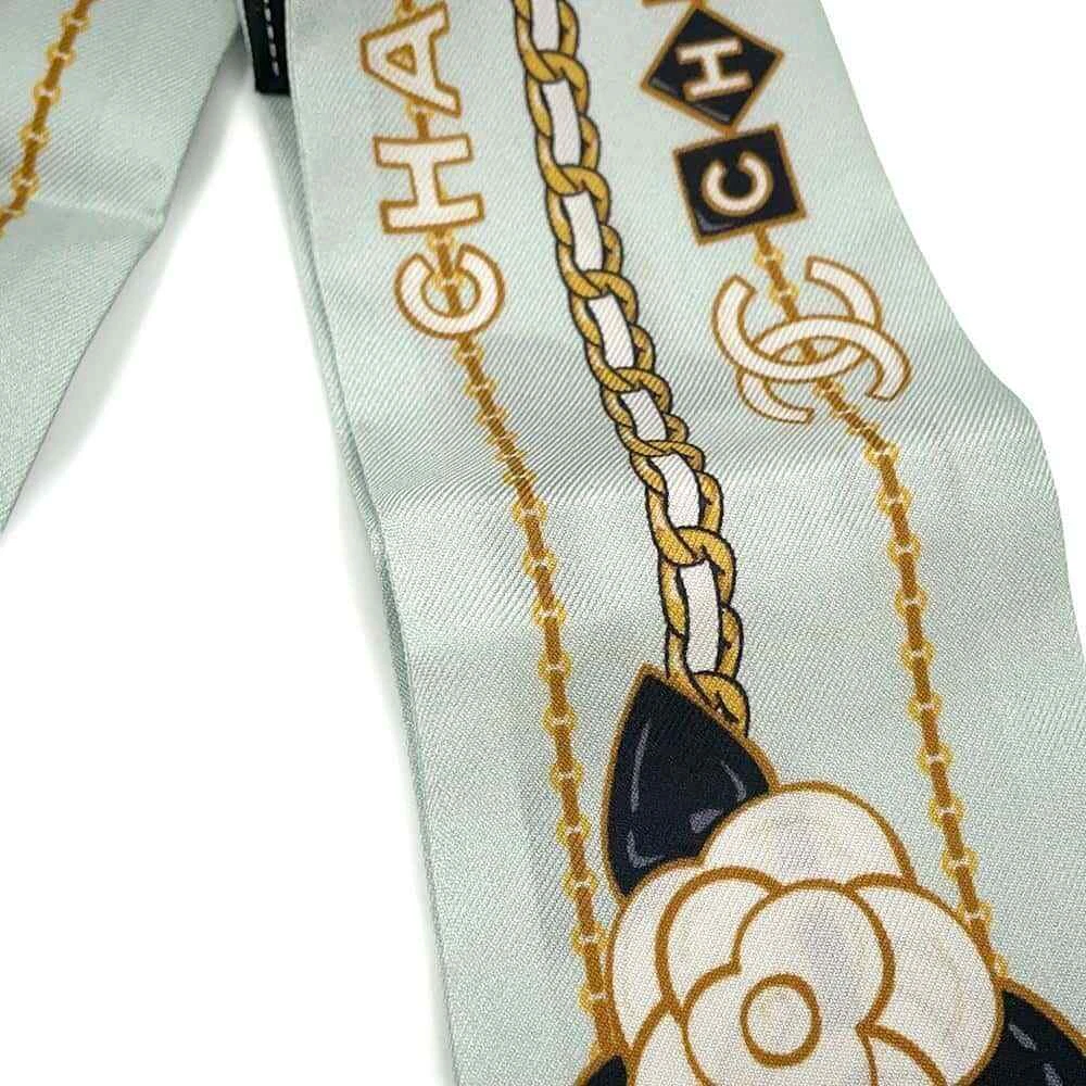 CHANEL CC Logo Camellia Chain Motif Scarf 100% Silk Blue