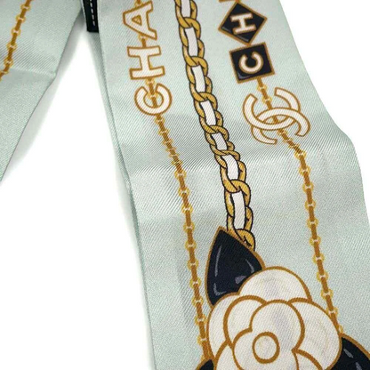 CHANEL CC Logo Camellia Chain Motif Scarf 100% Silk Blue