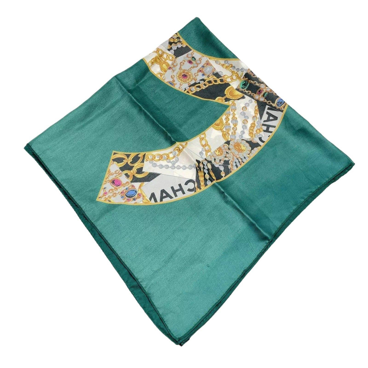Chanel Coco Mark Green Multicolor Silk Scarf