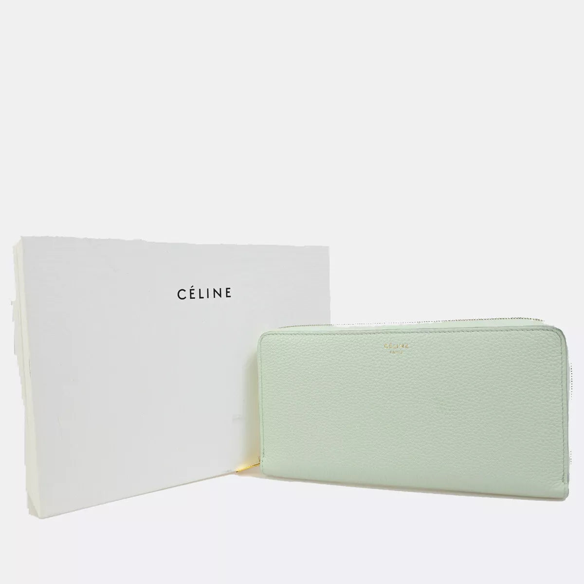 CELINE Logo Around Zipper Long Wallet – Light Green Leather