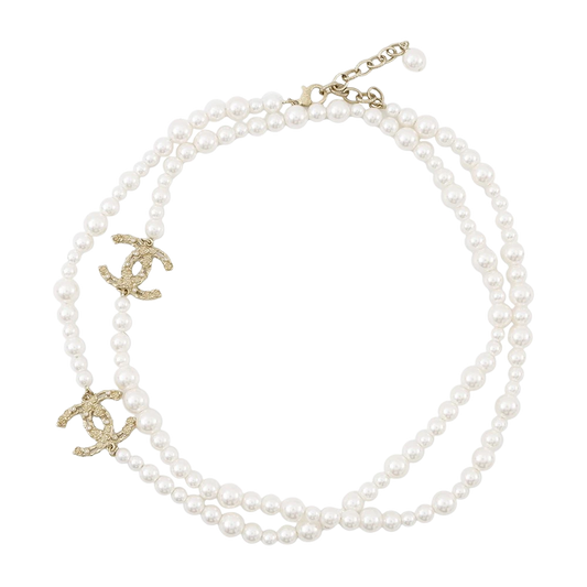 CHANEL Pearl Long Necklace Gold Plated Faux Pearl Rhinestone Champagne Gold