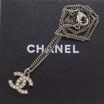 CHANEL Used CC Logos Rhinestones Necklace Pendant Silver F12 W France