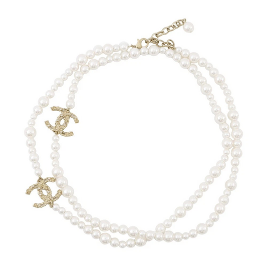 CHANEL Pearl Long Necklace Gold Plated Faux Pearl Rhinestone Champagne Gold