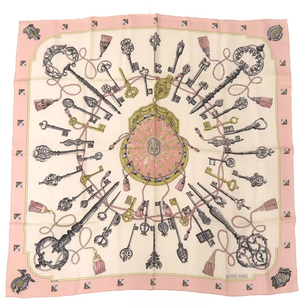 HERMES Carre90 LES CLES Key Pattern Scarf – Pink/Creme Silk