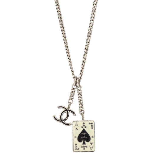 Chanel CC Ace of Spades Card Chain Necklace Pendant Silver 05A