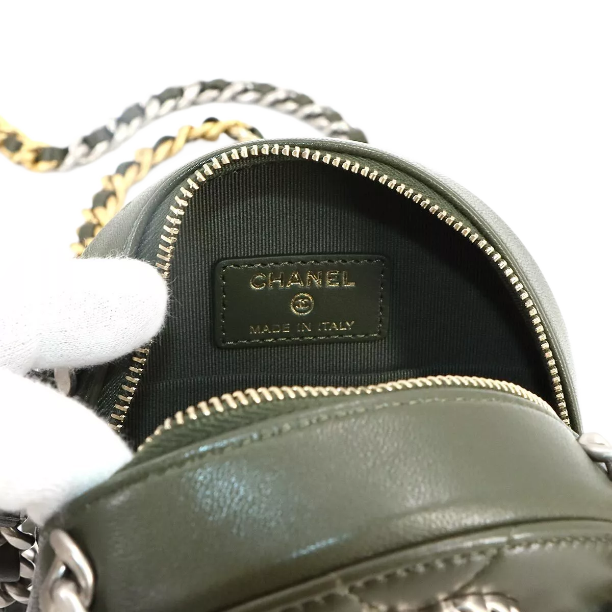 CHANEL 19 Round Clutch Chain Shoulder Bag Leather Khaki Purse