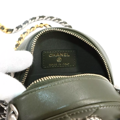 CHANEL 19 Round Clutch Chain Shoulder Bag Leather Khaki Purse