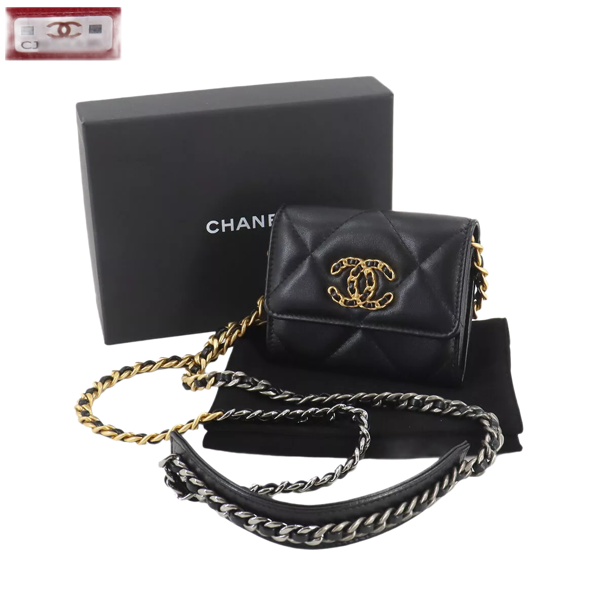CHANEL 19 Flap Coin Purse Chain Coin Case Leather Black