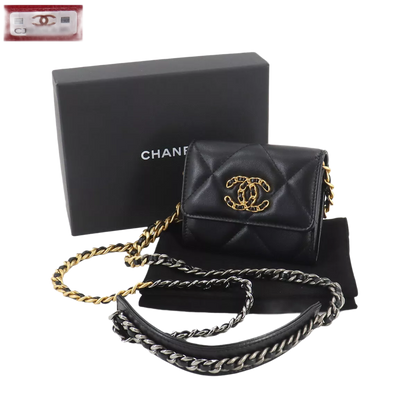 CHANEL 19 Flap Coin Purse Chain Coin Case Leather Black