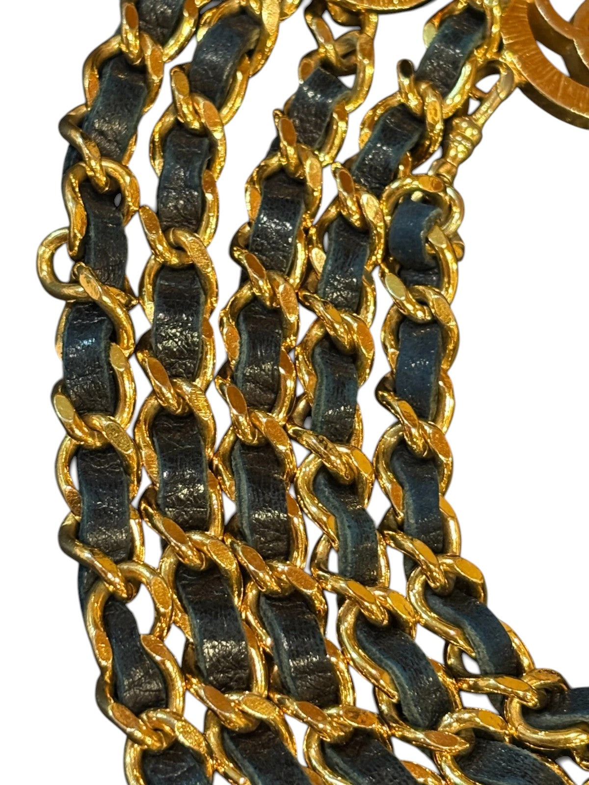 Chanel CC Logo Chain Belt in Gold with Navy Leather
