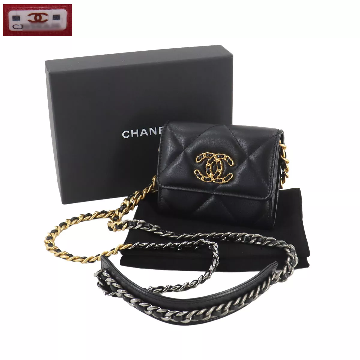 CHANEL 19 Flap Coin Purse Chain Coin Case Leather Black