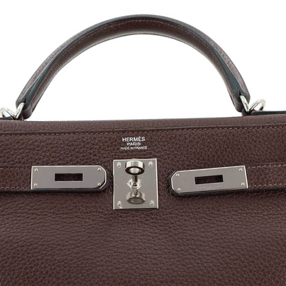 HERMES Kelly 32 Hand Shoulder Bag Taurillon Clemence Cacao Purse