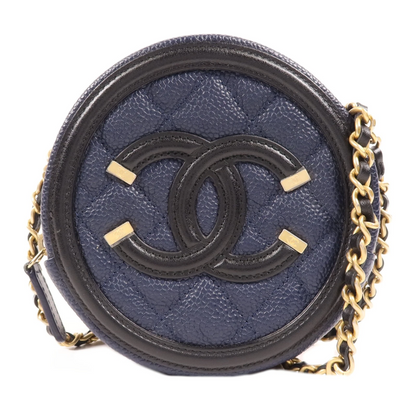Chanel CC Filigree Round Chain Shoulder Bag in Navy & Black Calfskin (GHW)