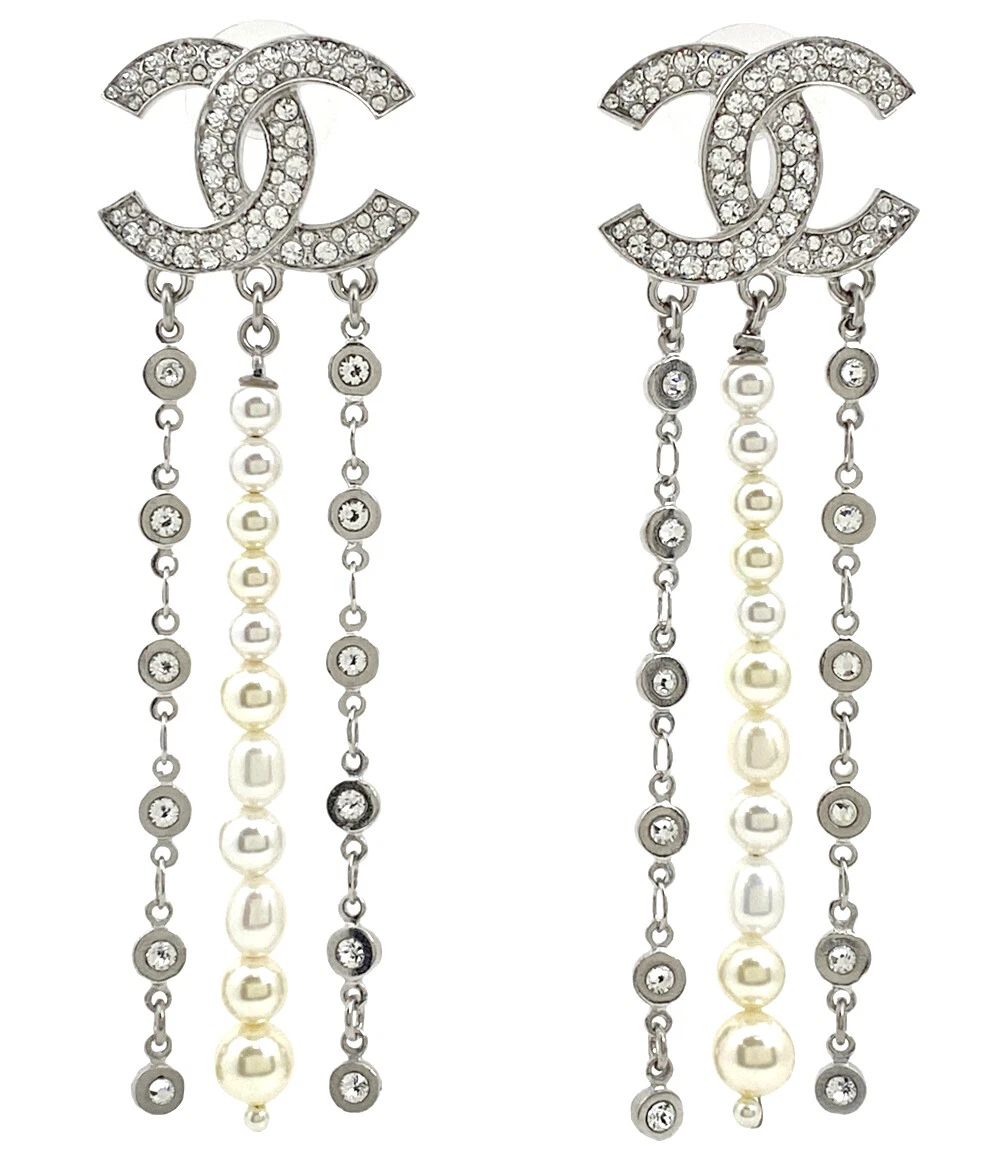 Chanel CC Rhinestone & Pearl Drop Stud Earrings in Silver Tone (C20S)