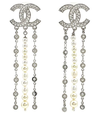Chanel CC Rhinestone & Pearl Drop Stud Earrings in Silver Tone (C20S)