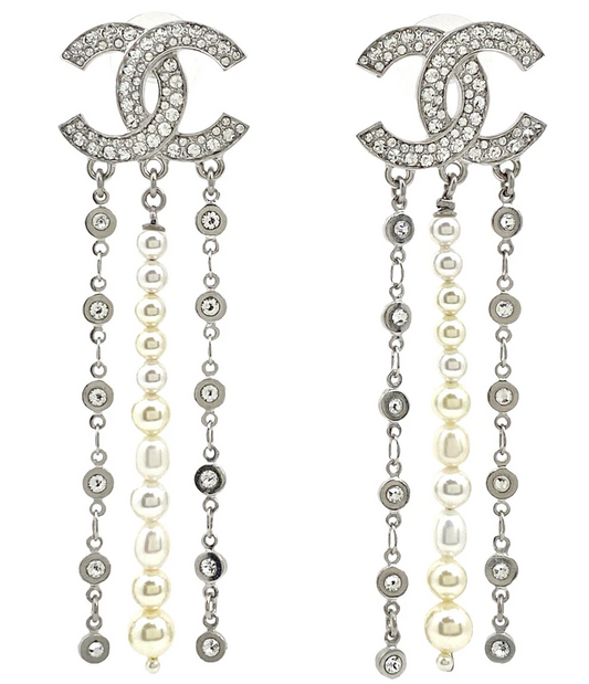 Chanel CC Rhinestone & Pearl Drop Stud Earrings in Silver Tone (C20S)
