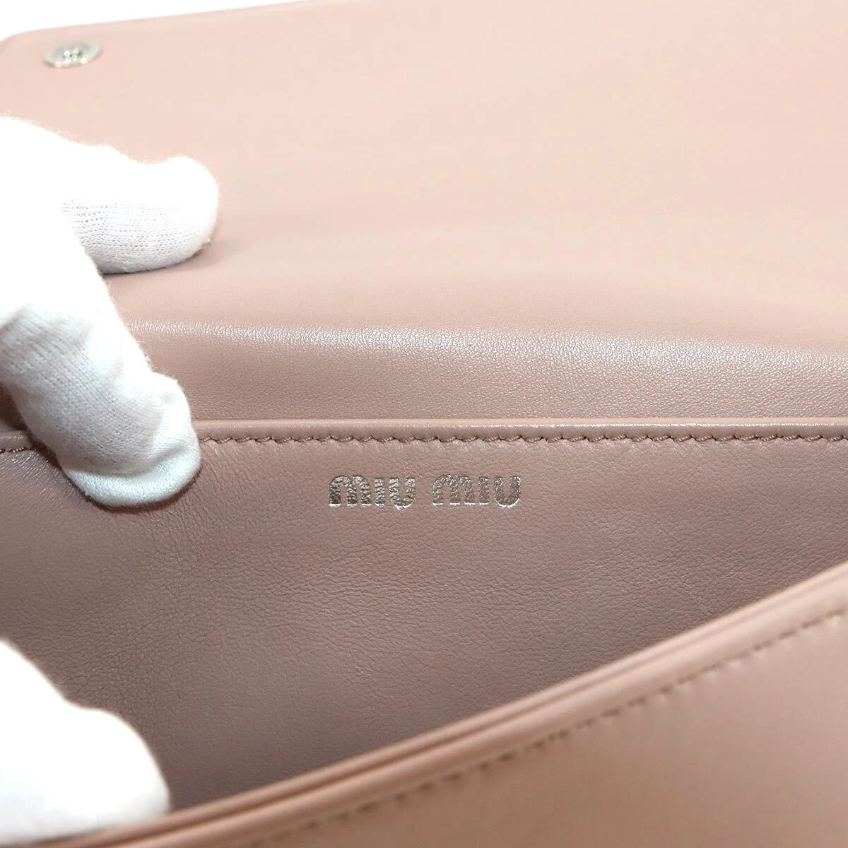 MIUMIU Matelasse Hand Chain Shoulder Bag Leather Pink Beige