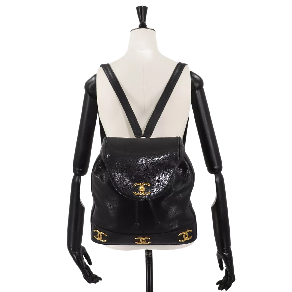 CHANEL Triple Coco Chain Backpack Caviar Skin Leather Black Purse