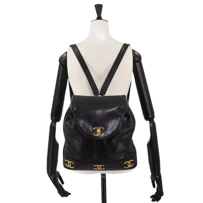 CHANEL Triple Coco Chain Backpack Caviar Skin Leather Black Purse