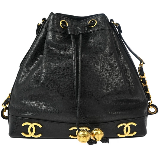 Chanel Black Calfskin Triple CC Drawstring Shoulder Bag