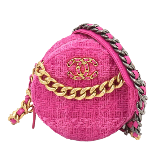 CHANEL 19 Round Clutch Chain Shoulder Bag Tweed Leather Pink