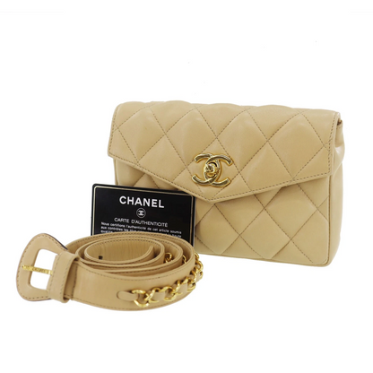 CHANEL Bum Bag Matelasse Beige Lambskin Used Belt Bag Leather