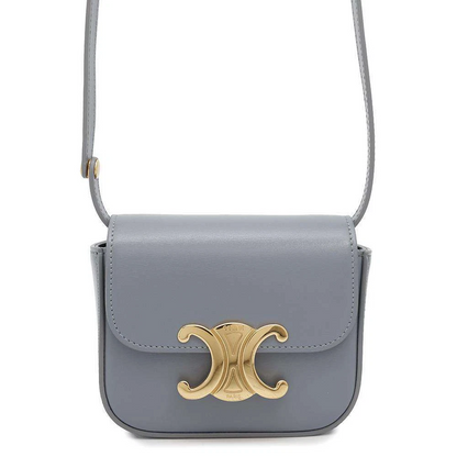 CELINE Triomphe Claude Shoulder Bag Size Mini Shiny Calf Leather Blue Gray