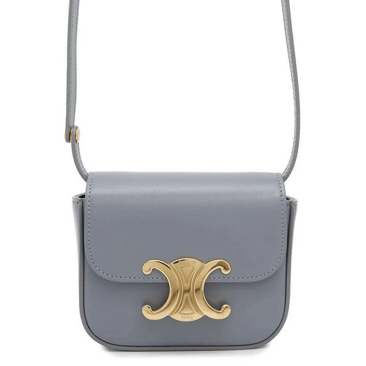 CELINE Triomphe Claude Shoulder Bag Size Mini Shiny Calf Leather Blue Gray