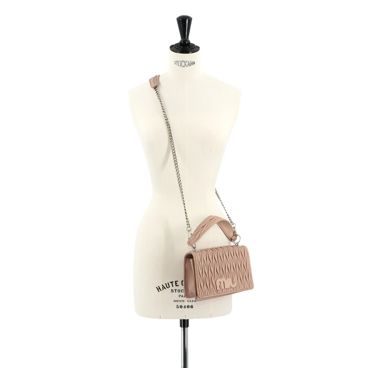 MIUMIU Matelasse Hand Chain Shoulder Bag Leather Pink Beige