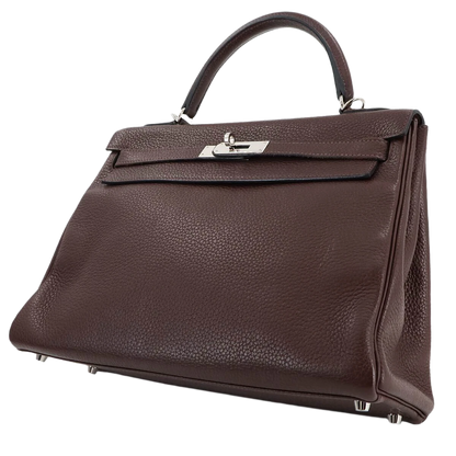 HERMES Kelly 32 Hand Shoulder Bag Taurillon Clemence Cacao Purse
