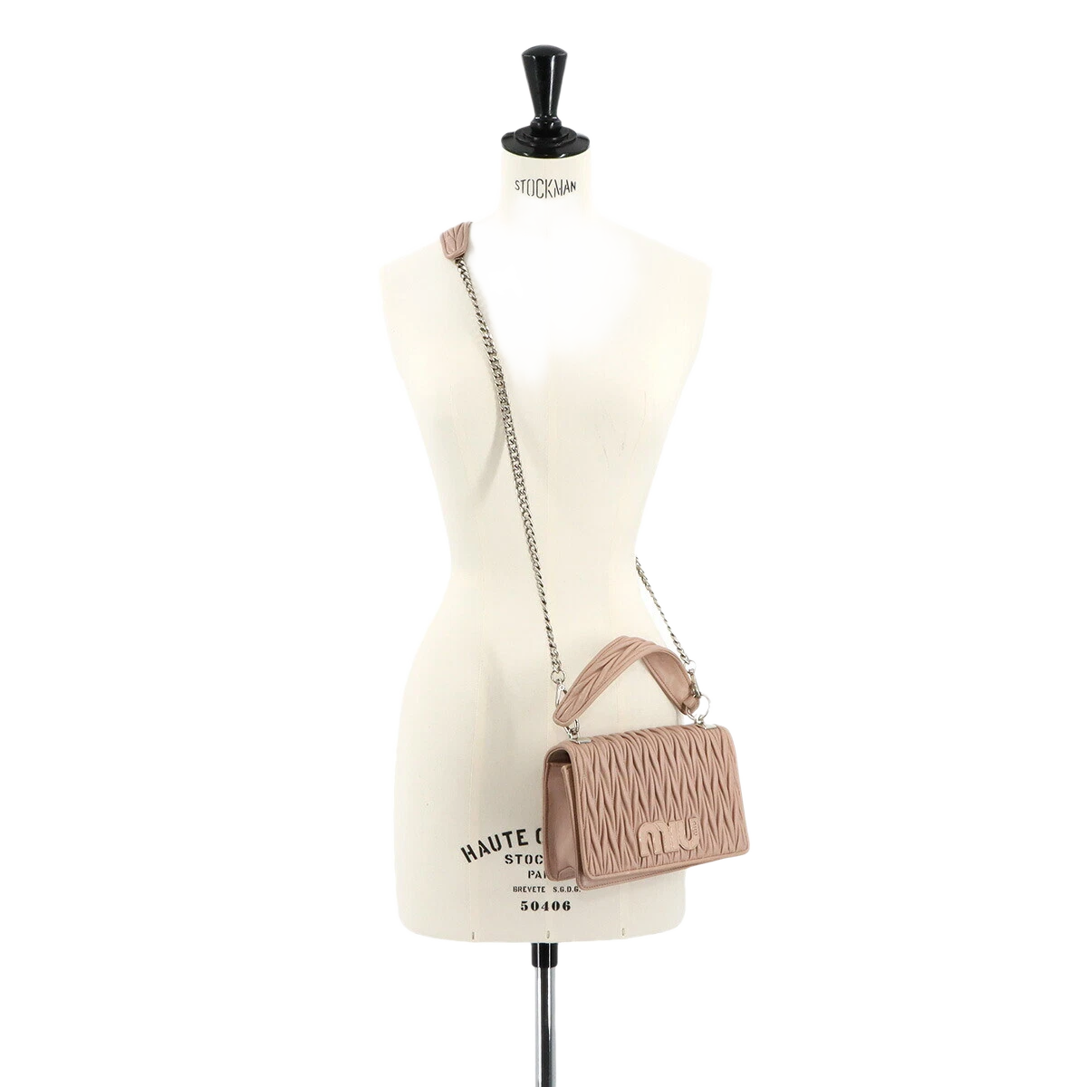 MIUMIU Matelasse Hand Chain Shoulder Bag Leather Pink Beige