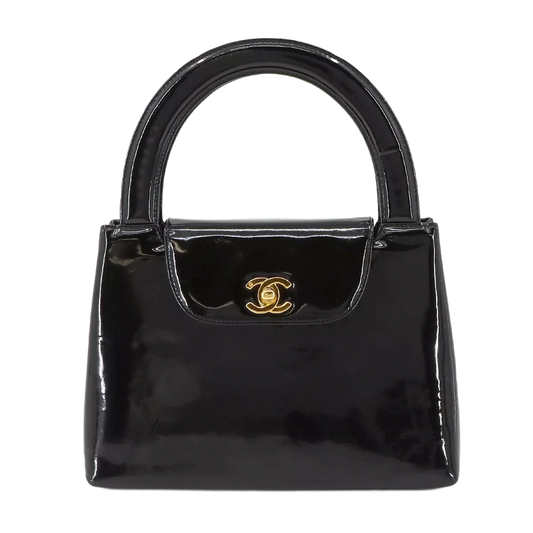 CHANEL Hand Bag Enamel Black Vintage Purse