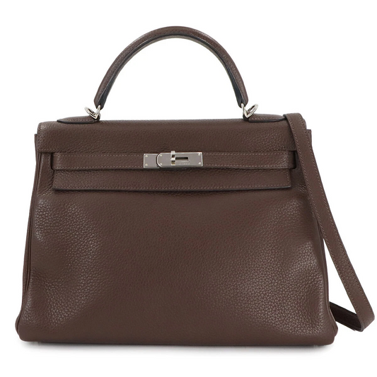 HERMES Kelly 32 Hand Shoulder Bag Taurillon Clemence Cacao Purse