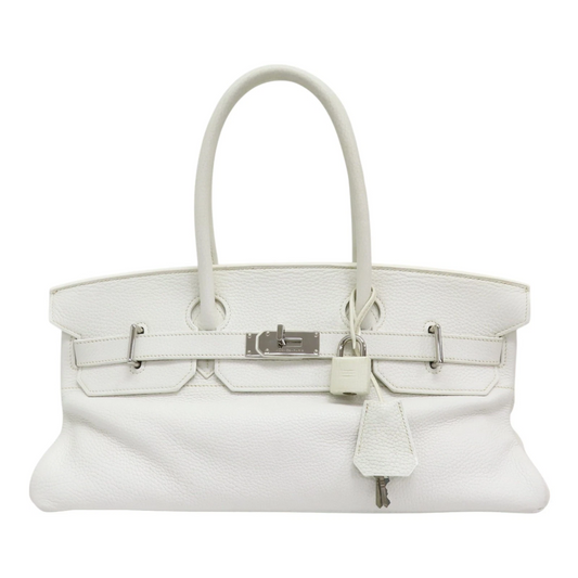 HERMES Birkin 42 Handbag Taurillon Clemence White Palladium Hardware J Stamp