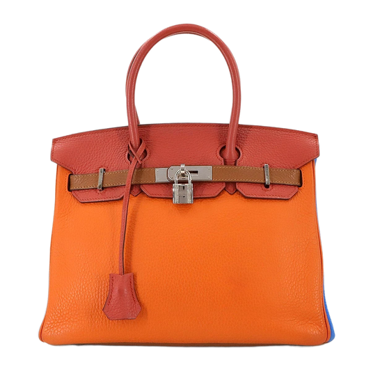 HERMES Birkin 30 Arlequin Hand Bag Taurillon Clemence Orange Etain