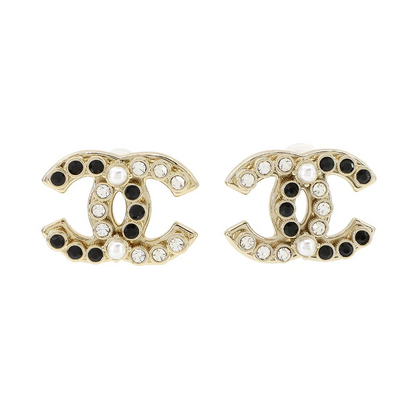 Chanel Coco Logos Earrings in Gold with Rhinestone & Pearl Motif (B23K)