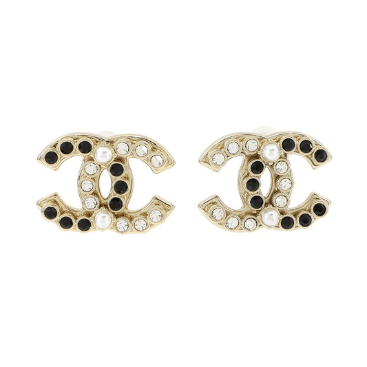 Chanel Coco Logos Earrings in Gold with Rhinestone & Pearl Motif (B23K)
