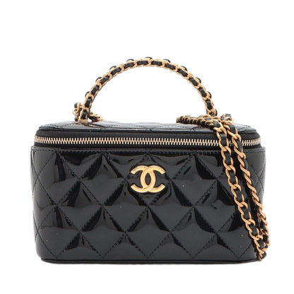 Chanel Matelasse Patent Leather 2WAYShoulder Bag Vanity Black Gold Metal