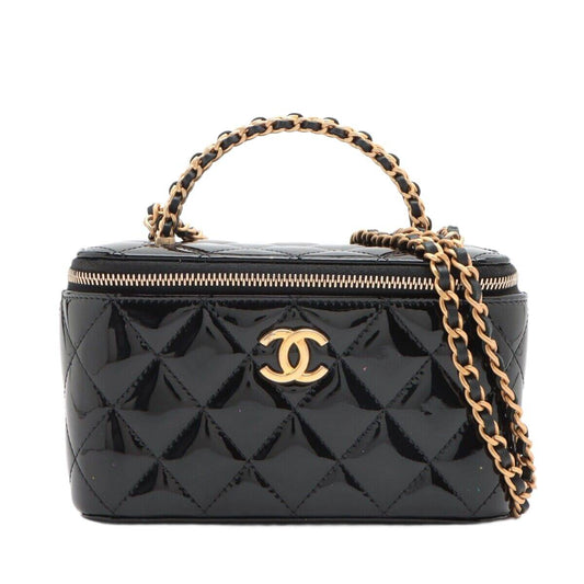Chanel Matelasse Patent Leather 2WAYShoulder Bag Vanity Black Gold Metal