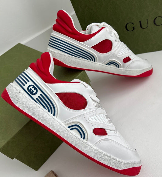 Gucci Men's Basket Sneakers Low Top Lace Up Red White Blue