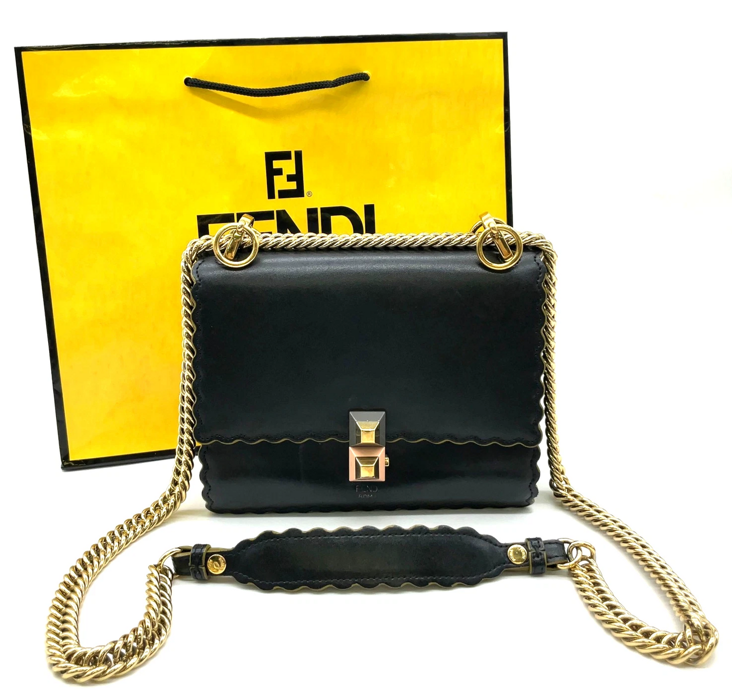 Fendi Black Calf Leather Monstera Shoulder Bag