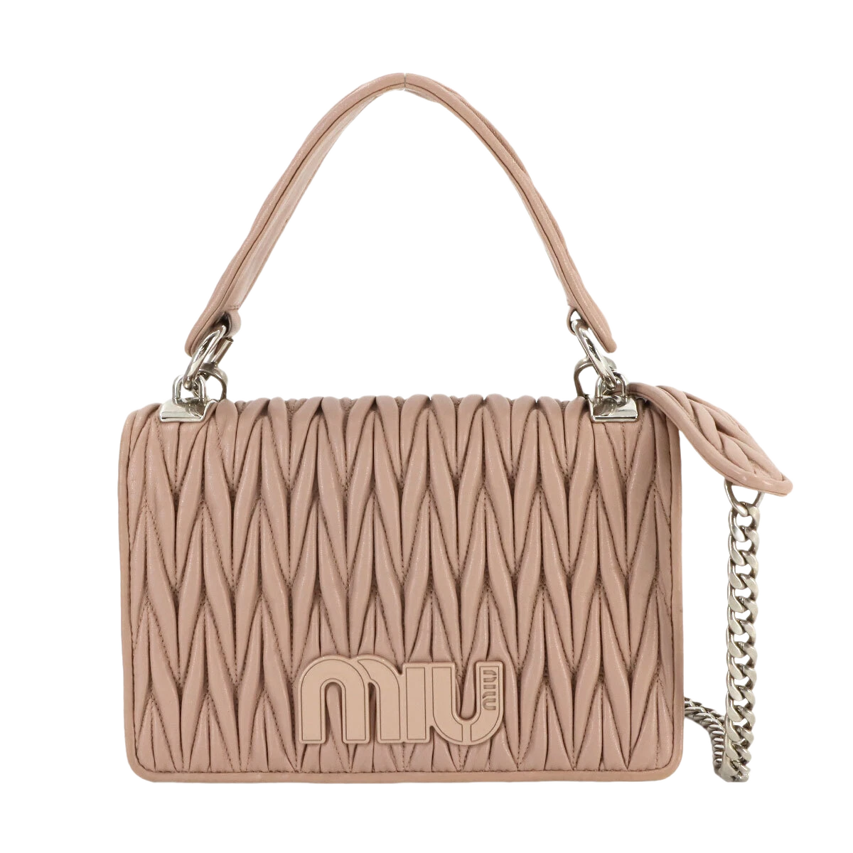 MIUMIU Matelasse Hand Chain Shoulder Bag Leather Pink Beige