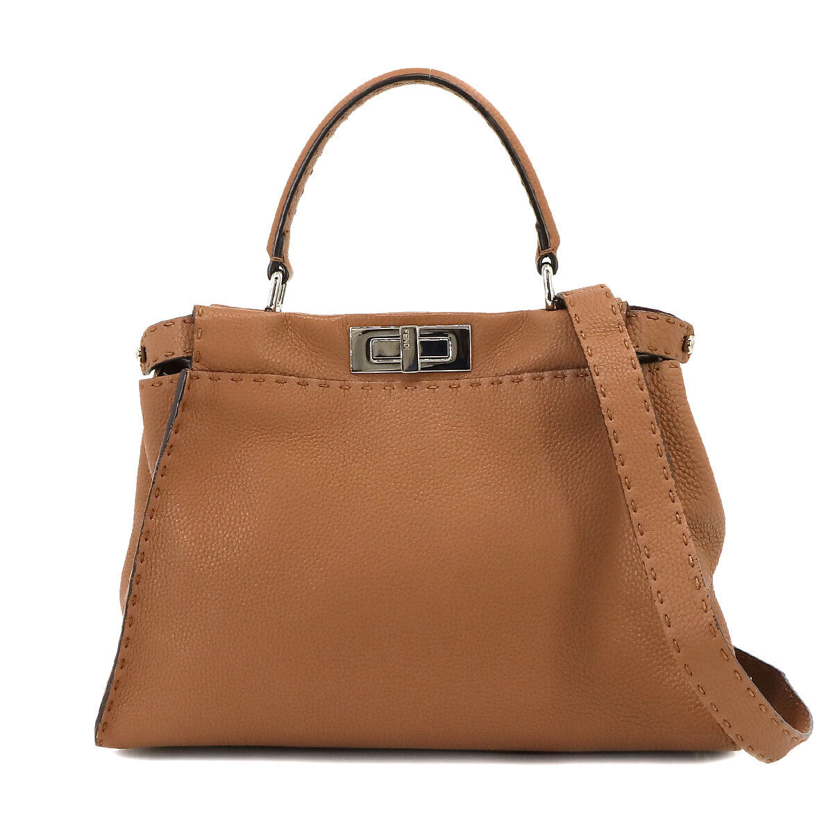 FENDI Selleria Peekaboo Regular 2way Hand Bag Leather Brown