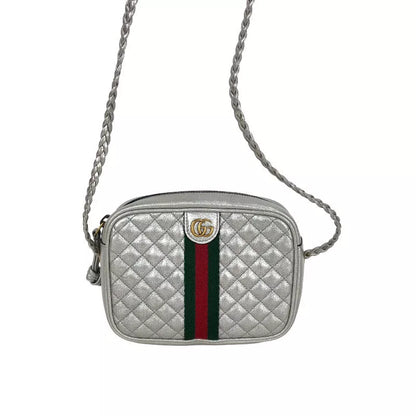 GUCCI Quilted Shoulder Bag Silver Leather