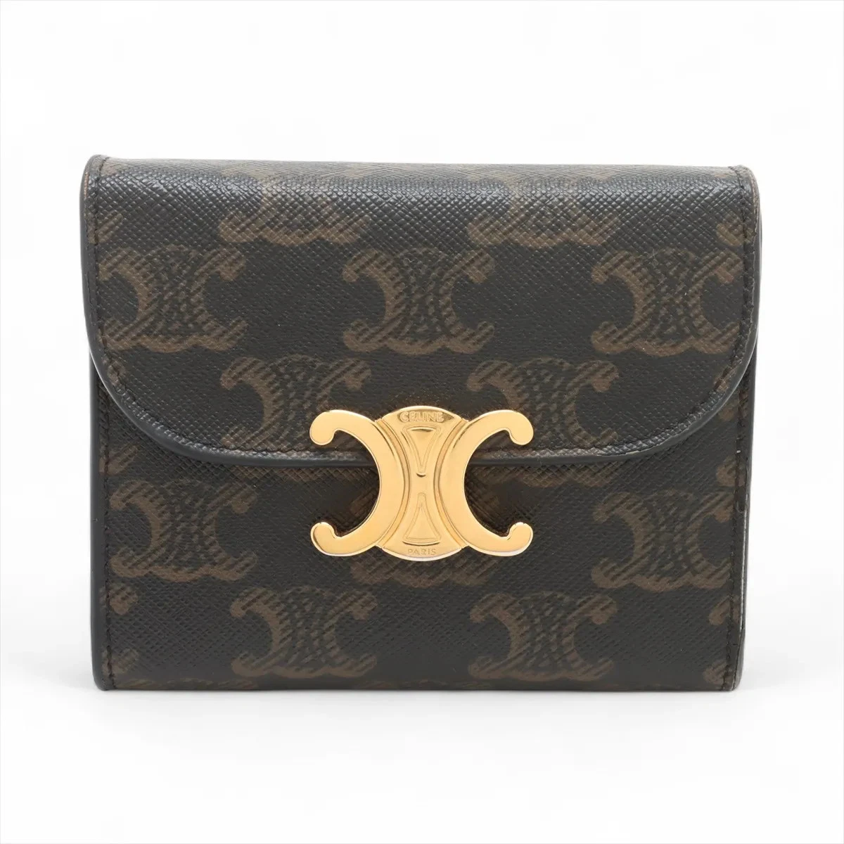 Celine Triomphe Small Flap Wallet PVC x Leather Compact Wallet Brown