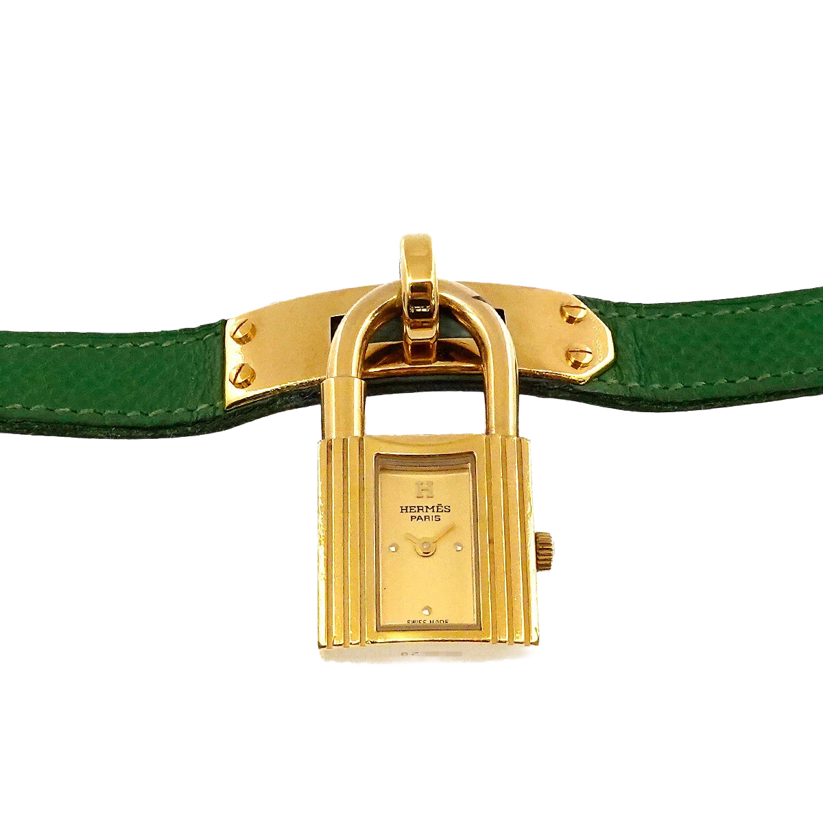HERMES Kelly Watches Quartz Gold Dial Green Vintage Cadena Ladies Watch