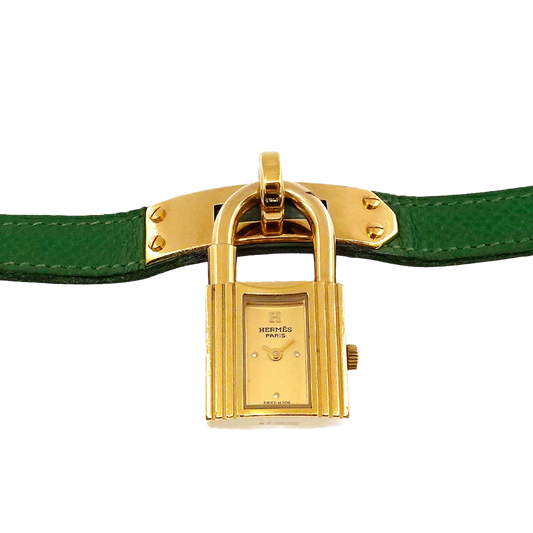 HERMES Kelly Watches Quartz Gold Dial Green Vintage Cadena Ladies Watch