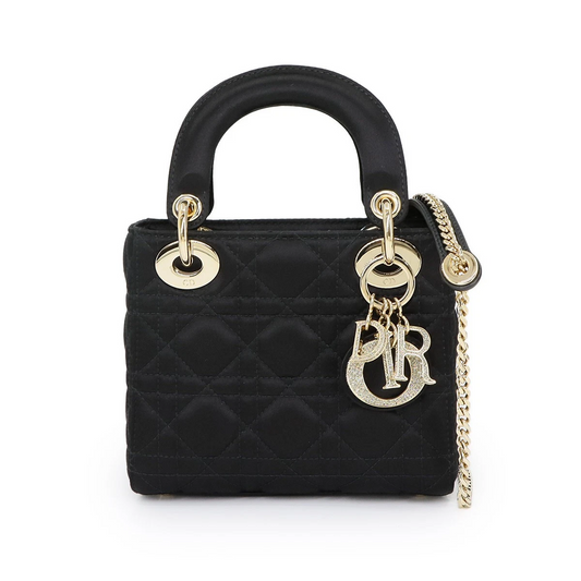Christian Dior Lady Dior Mini in Black Satin with Rhinestone Details