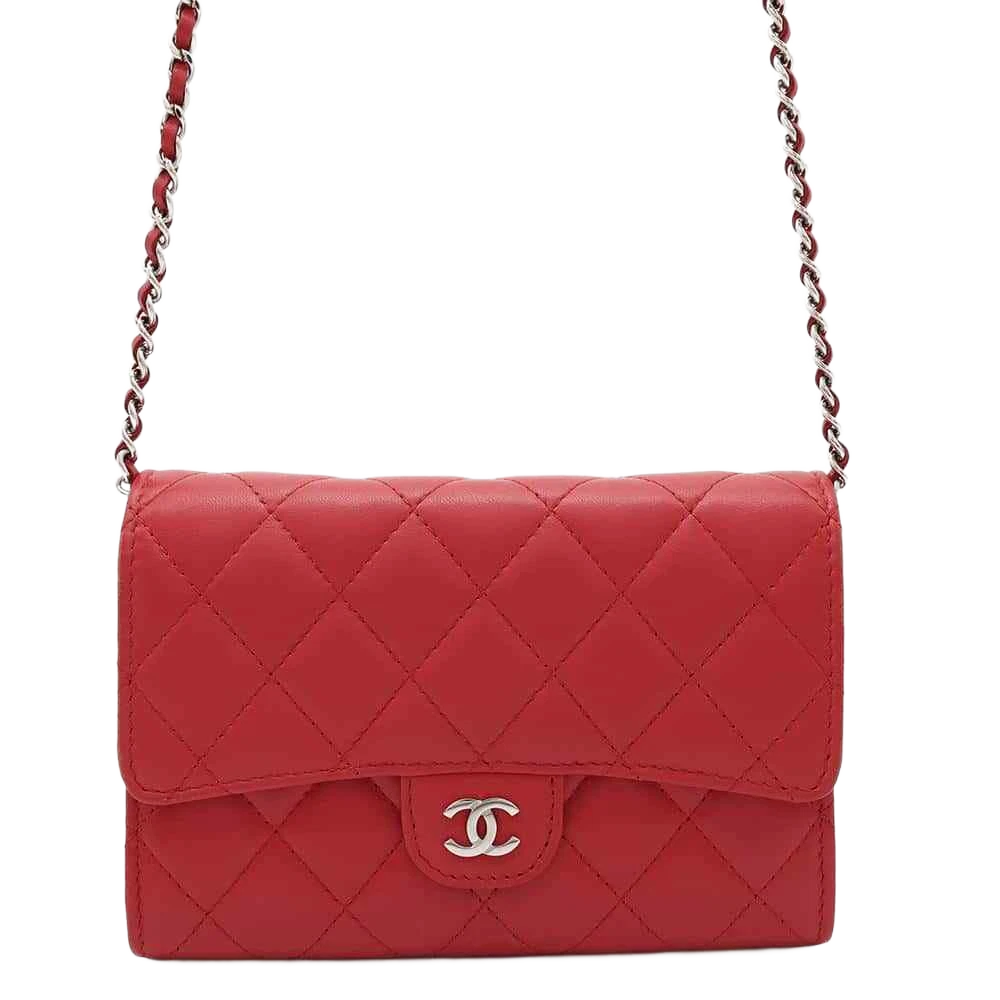 CHANEL Matelasse Chain Wallet Lambskin Red
